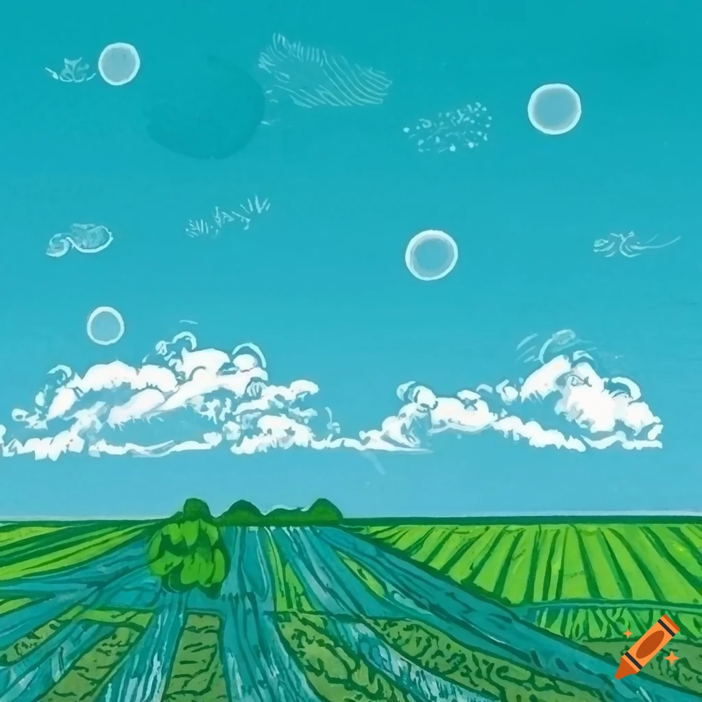 Top view of agricultural fields under a blue sky in linocut style