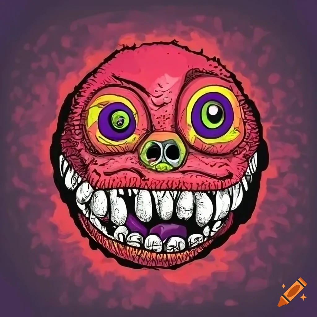 Red monster face in 80s cartoon art style similar to Madballs