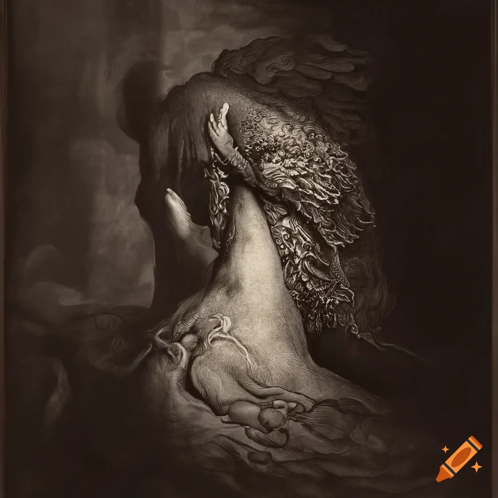 Surreal demon-like angel in a mezzotint artwork