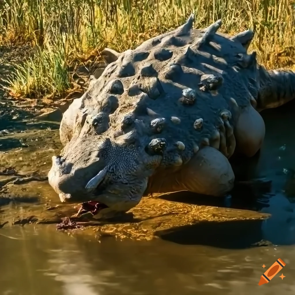 Ankylosaurus drinking in a sunny clearing with fallen branches and bushland background