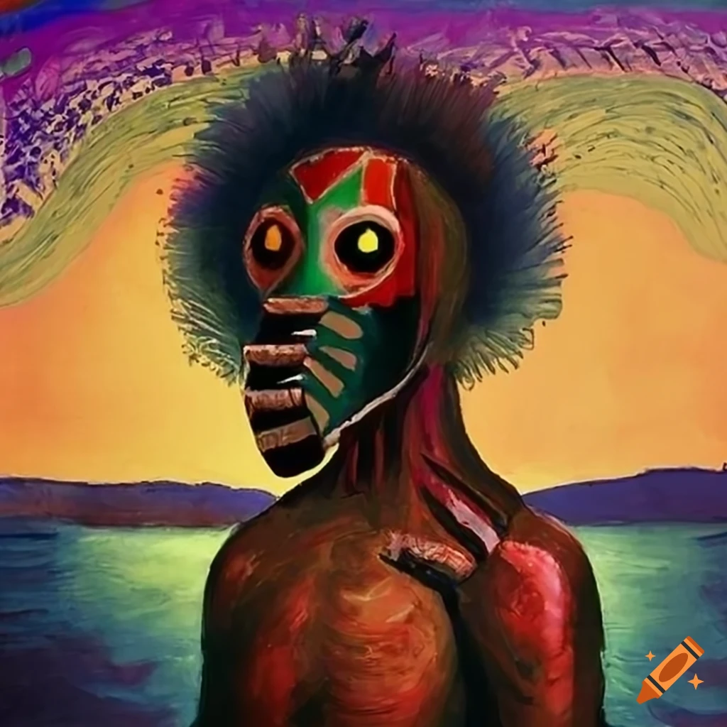 Anime in African mask style bizarre landscape