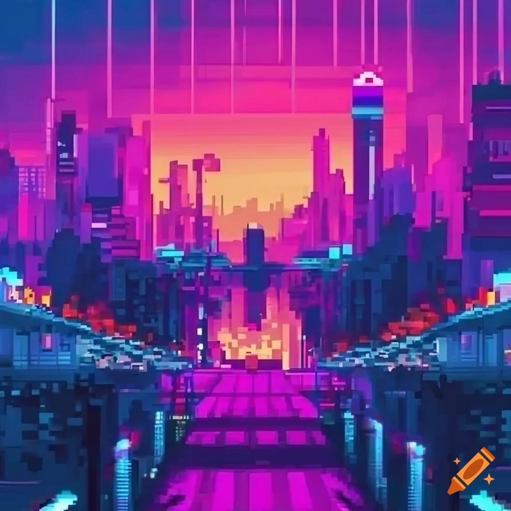 Pixel neon city landscape wallpaper