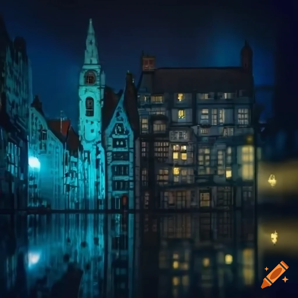 Ultra high resolution abstract of tiny old English city with dynamic lighting