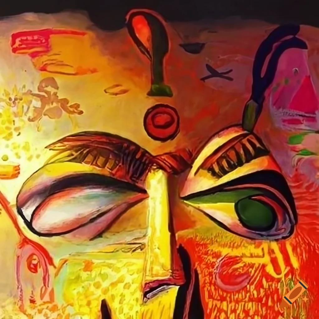Anime in African mask style colorful bizarre landscape