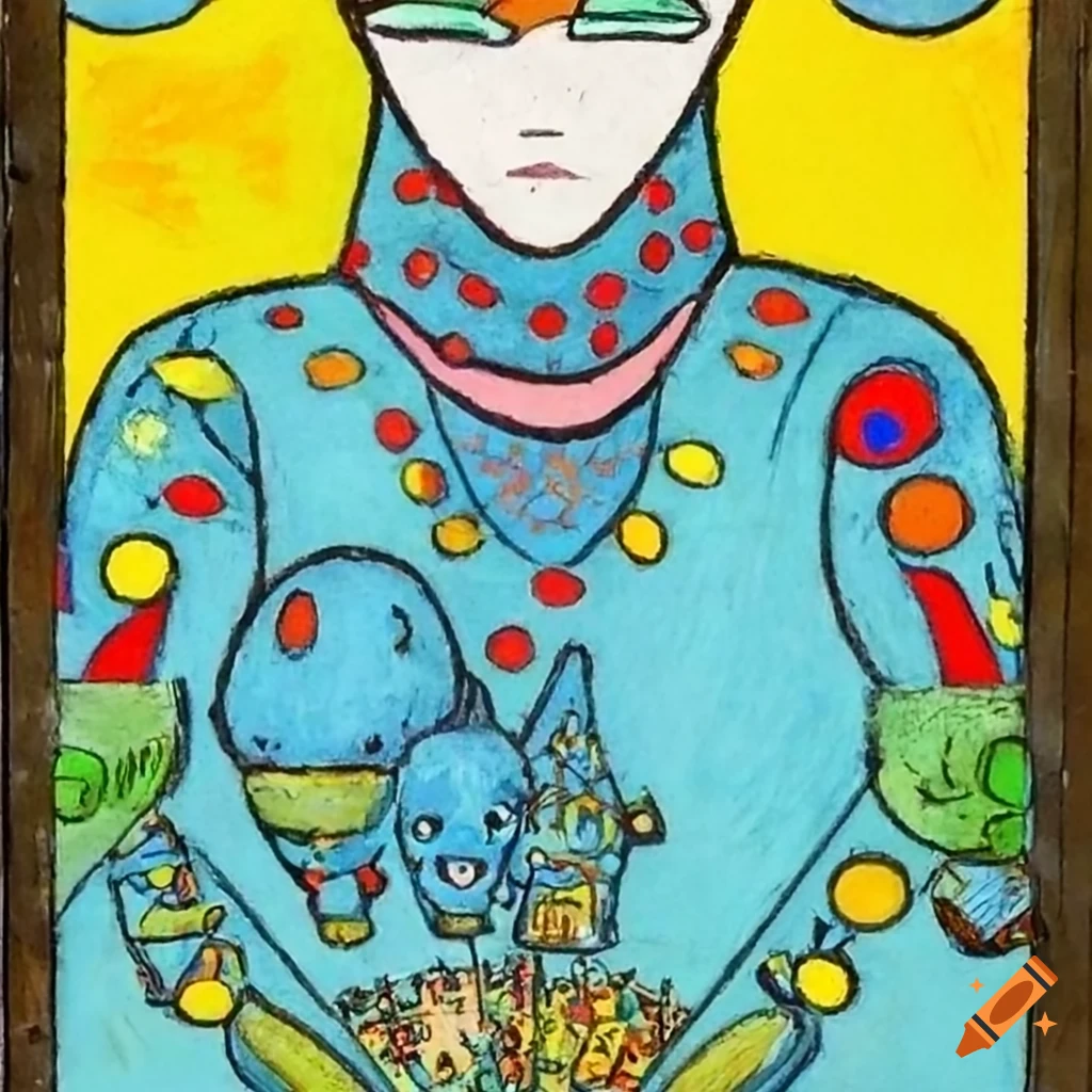 Tarot card matryoshka alien with anime eyes in Anime and African mask style outsider art