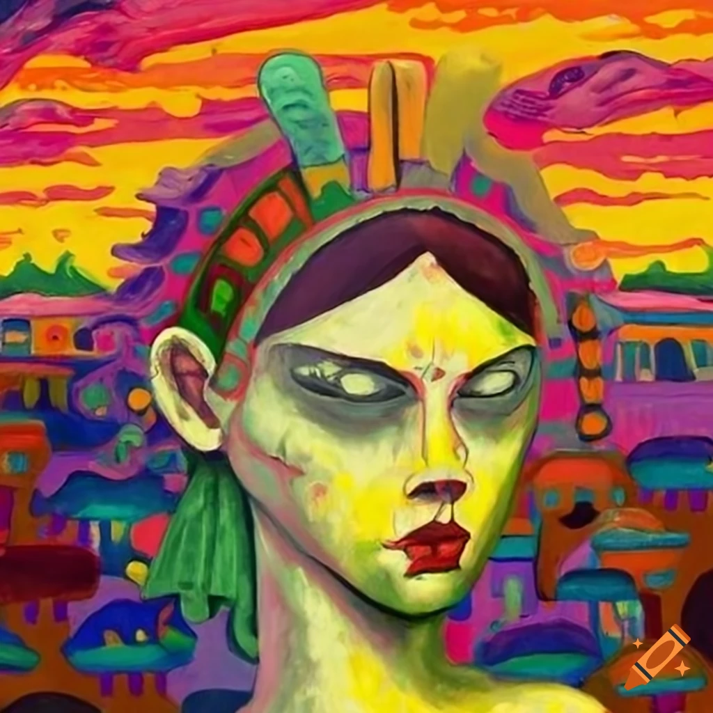 Anime in African mask style bizarre and colorful landscape inspired by various artists