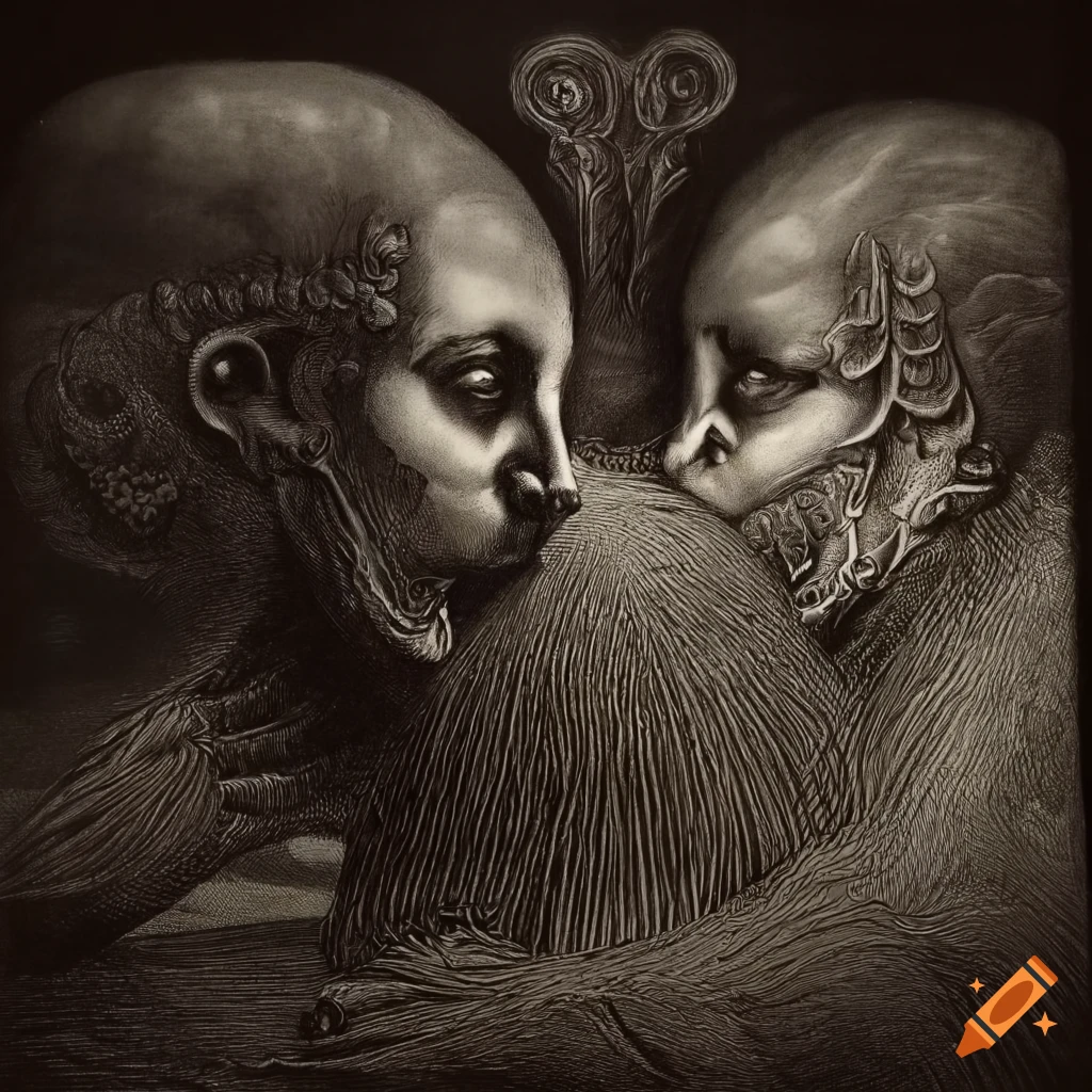 Surreal mezzotint art of angel and devil-like twins with a renaissance vibe in black and white