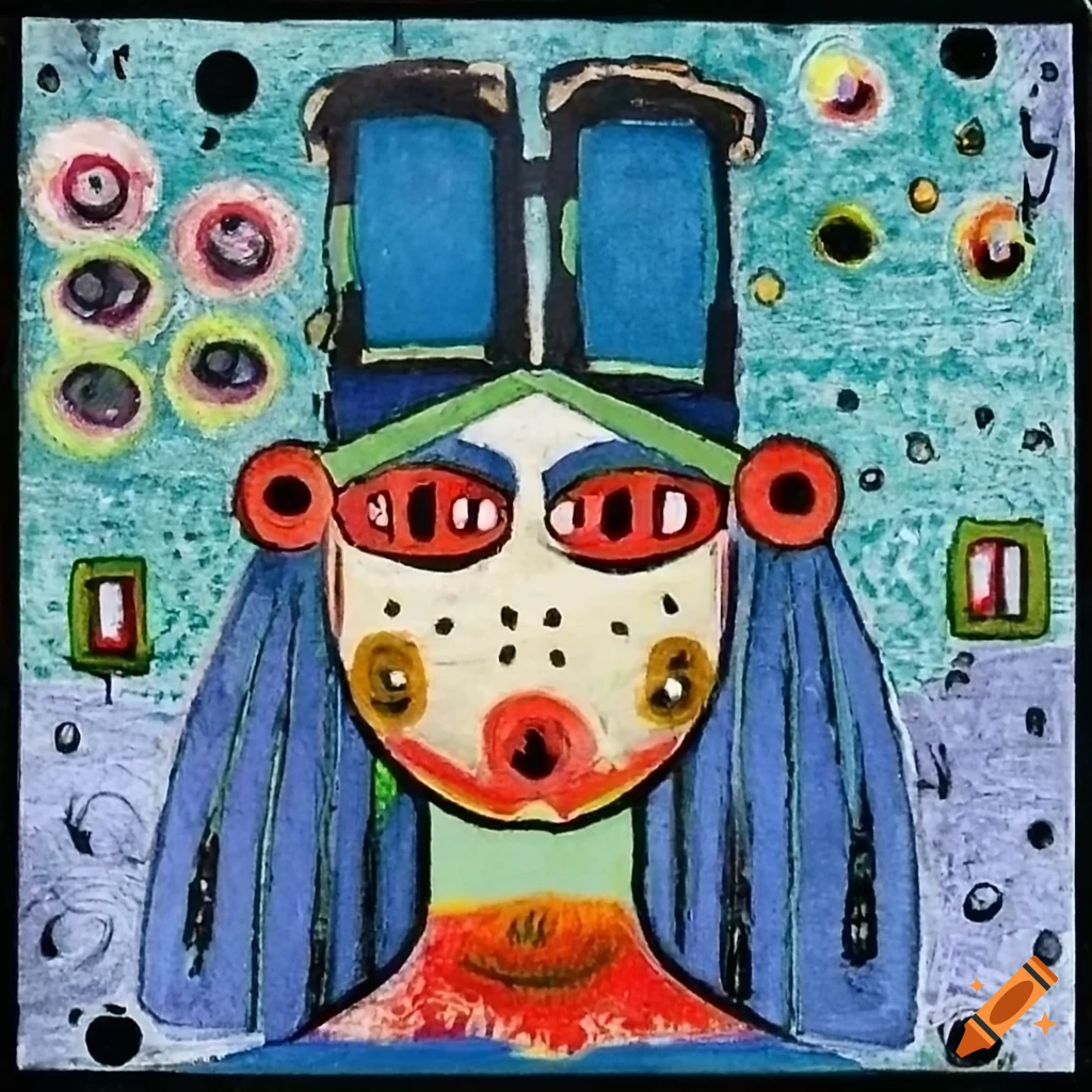 Portrait of a Tarot card matryoshka alien with anime eyes in Anime and African mask style outsider art