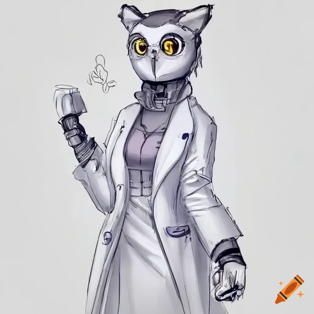 Timid nerdy anthro female owl android in lab coat character concept art