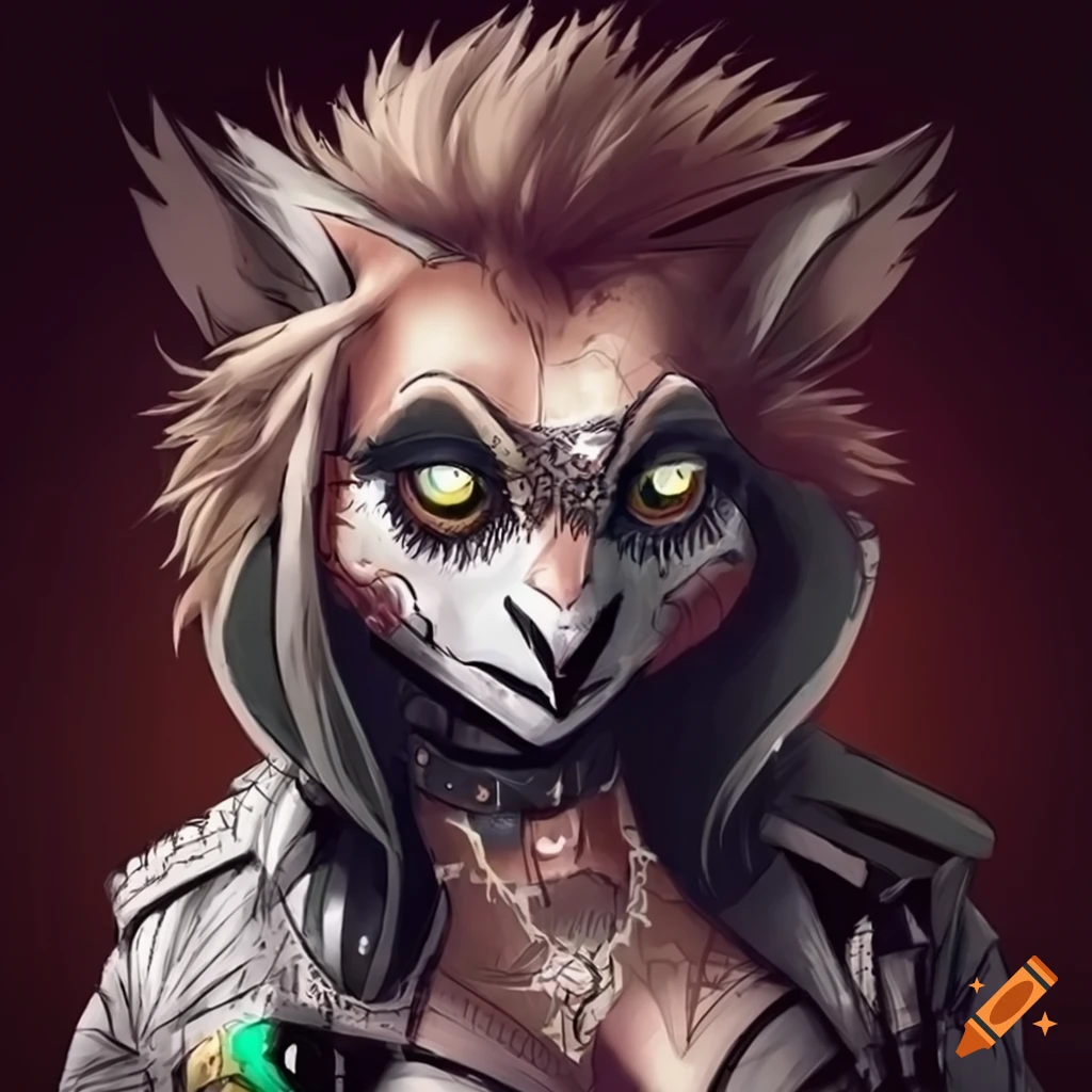 Female anthro owl scientist in a diesel punk setting