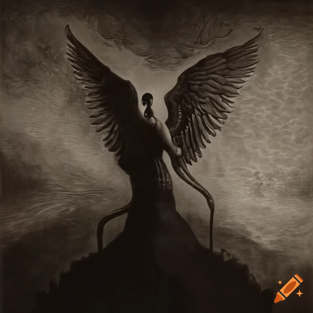 Surreal mezzotint of 'Angel and Devil' in black and white with a renaissance vibe