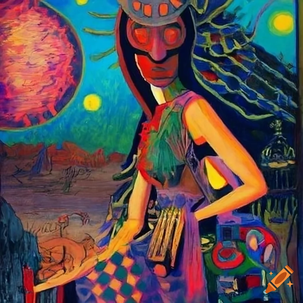 Beautiful witch in Anime and African mask style in colorful bizarre landscape with robots and aliens