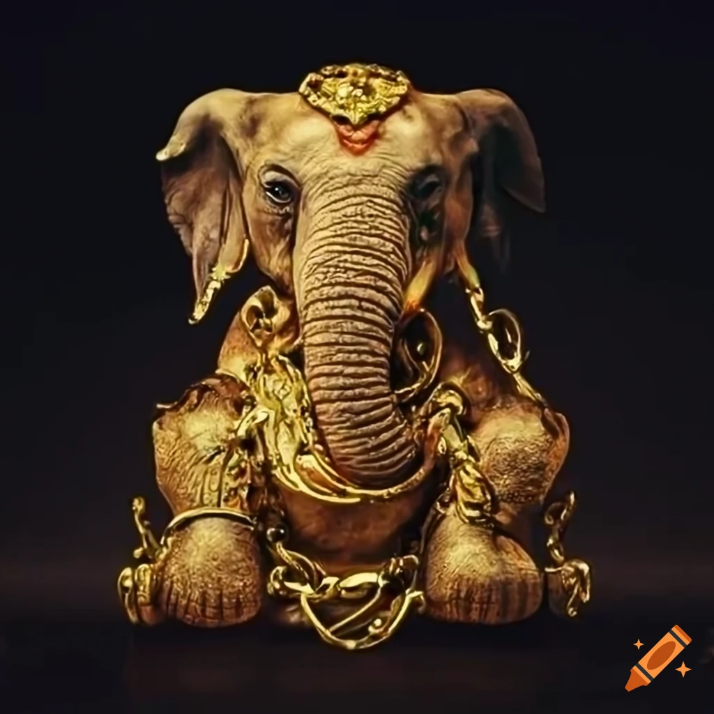 Elephant wearing a gold chain