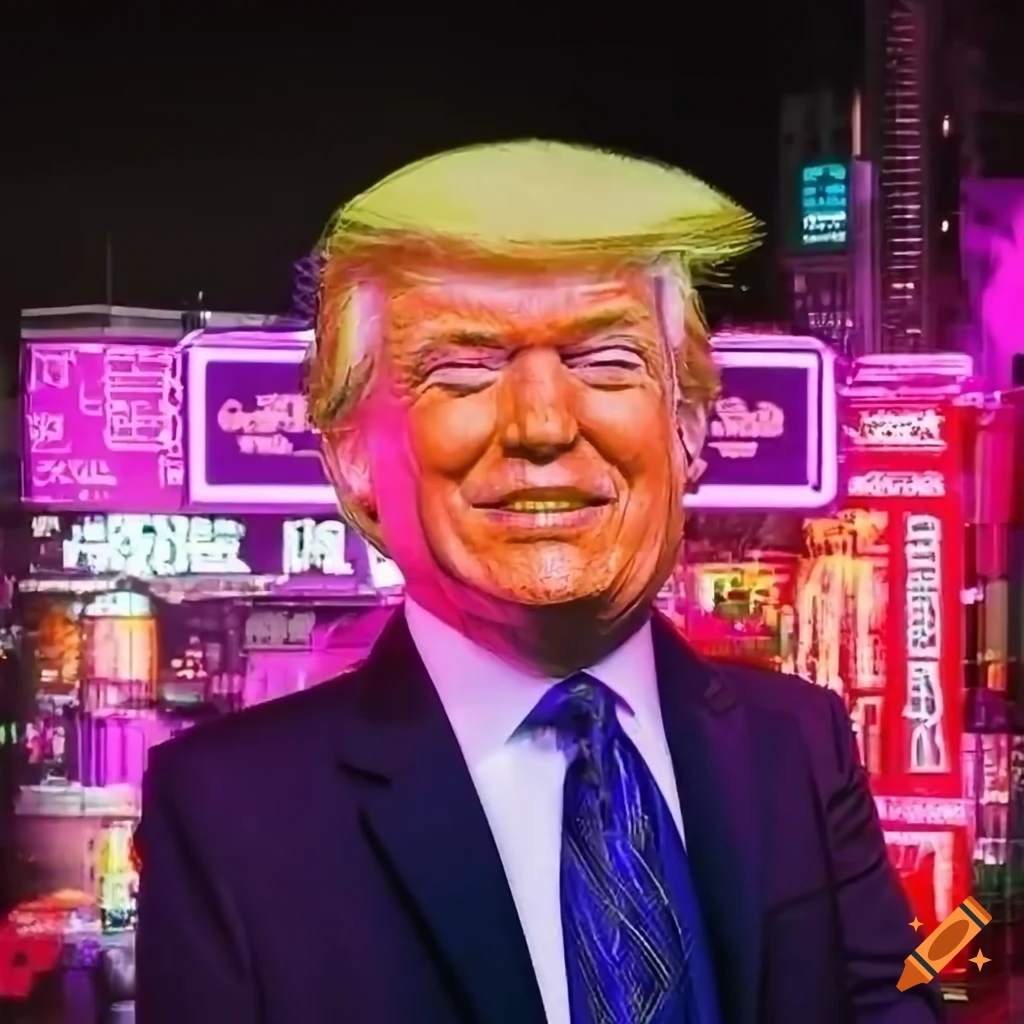 Smiling political figure in front of a neon-lit cyberpunk metropolis