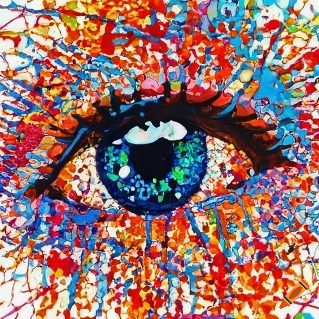 Stained glass mosaic eye painting inspired by pointillism splatter technique