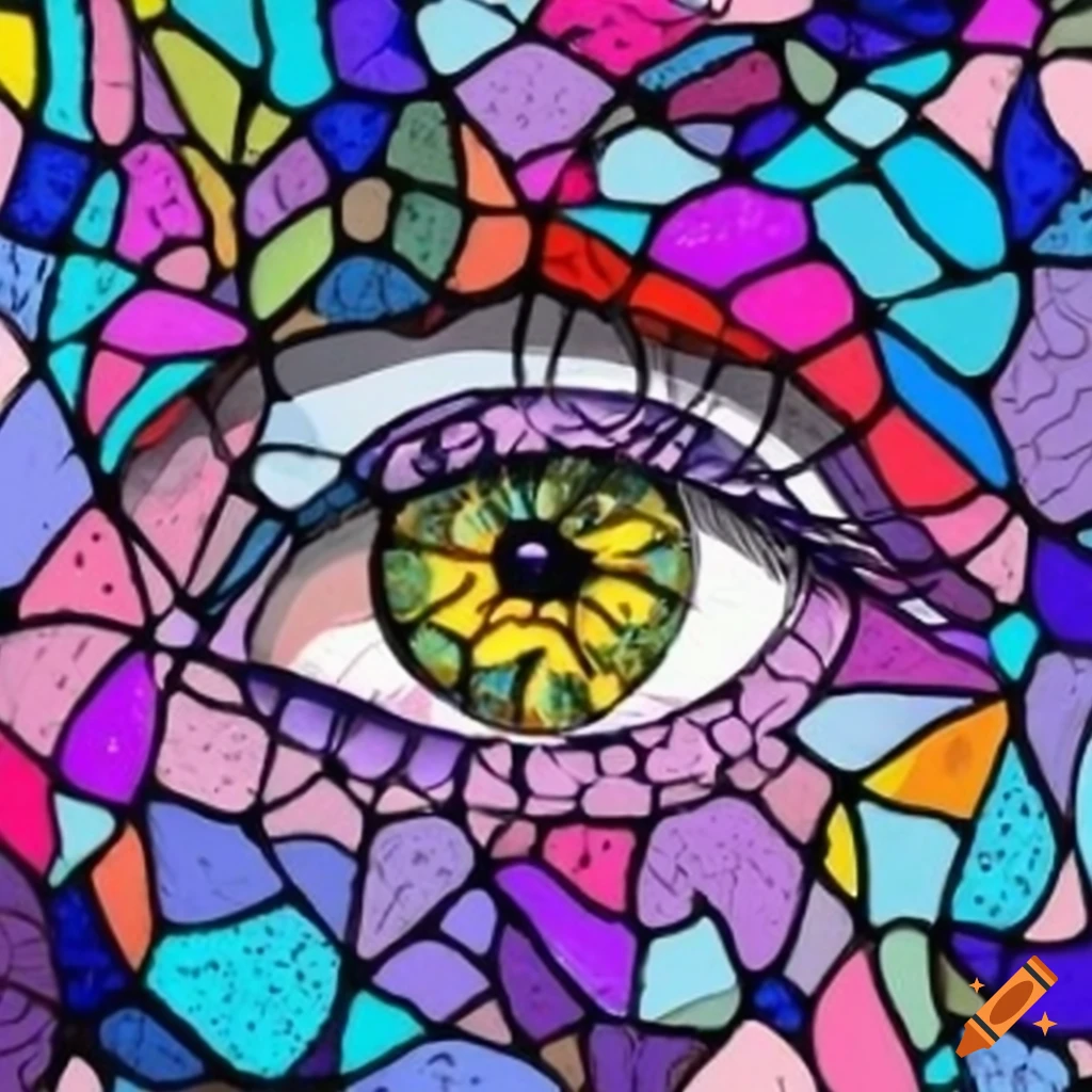 Stained glass mosaic eye painting in pointillism style