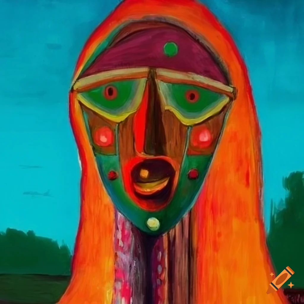 Anime in African mask style colorful landscape inspired by various art styles