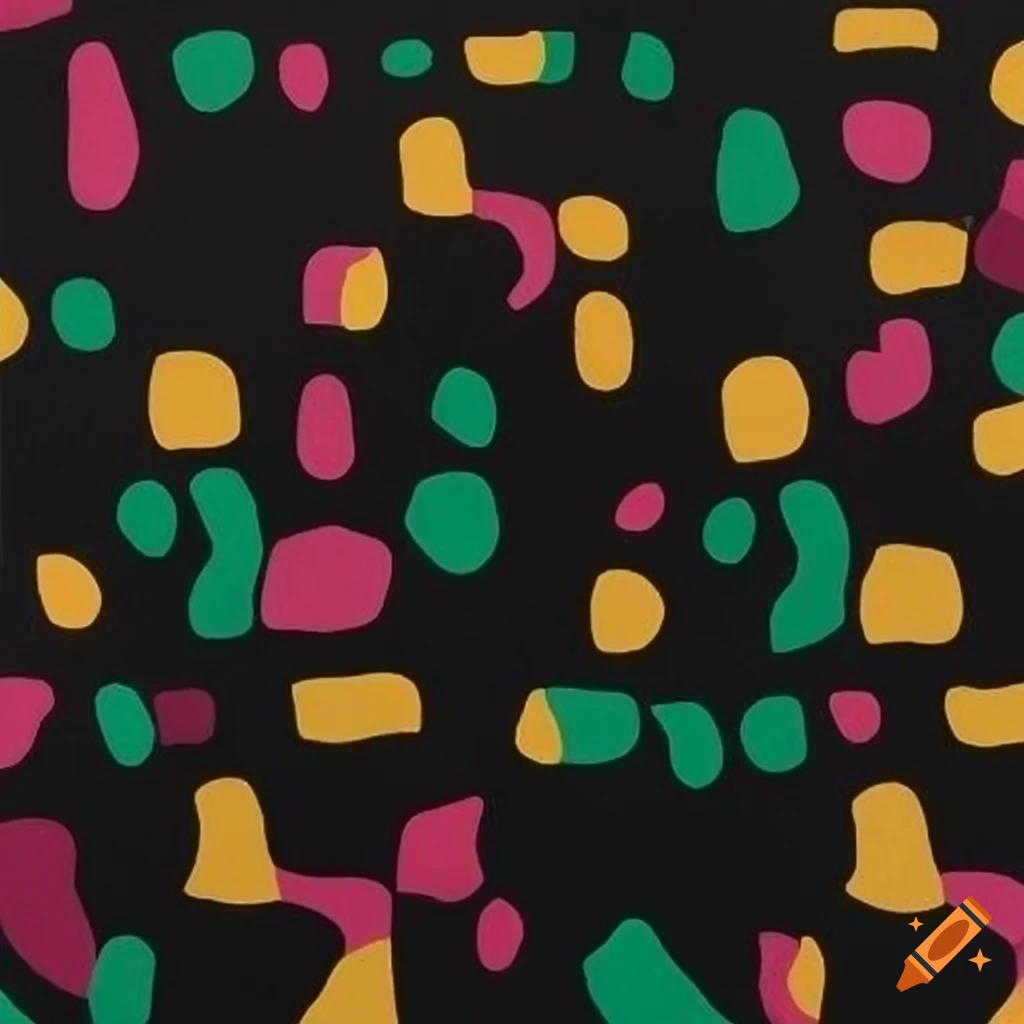 Abstract camouflage polkadots in black and white with yellow, dark pink, black purple, and hunter green lines in a Henri-inspired style