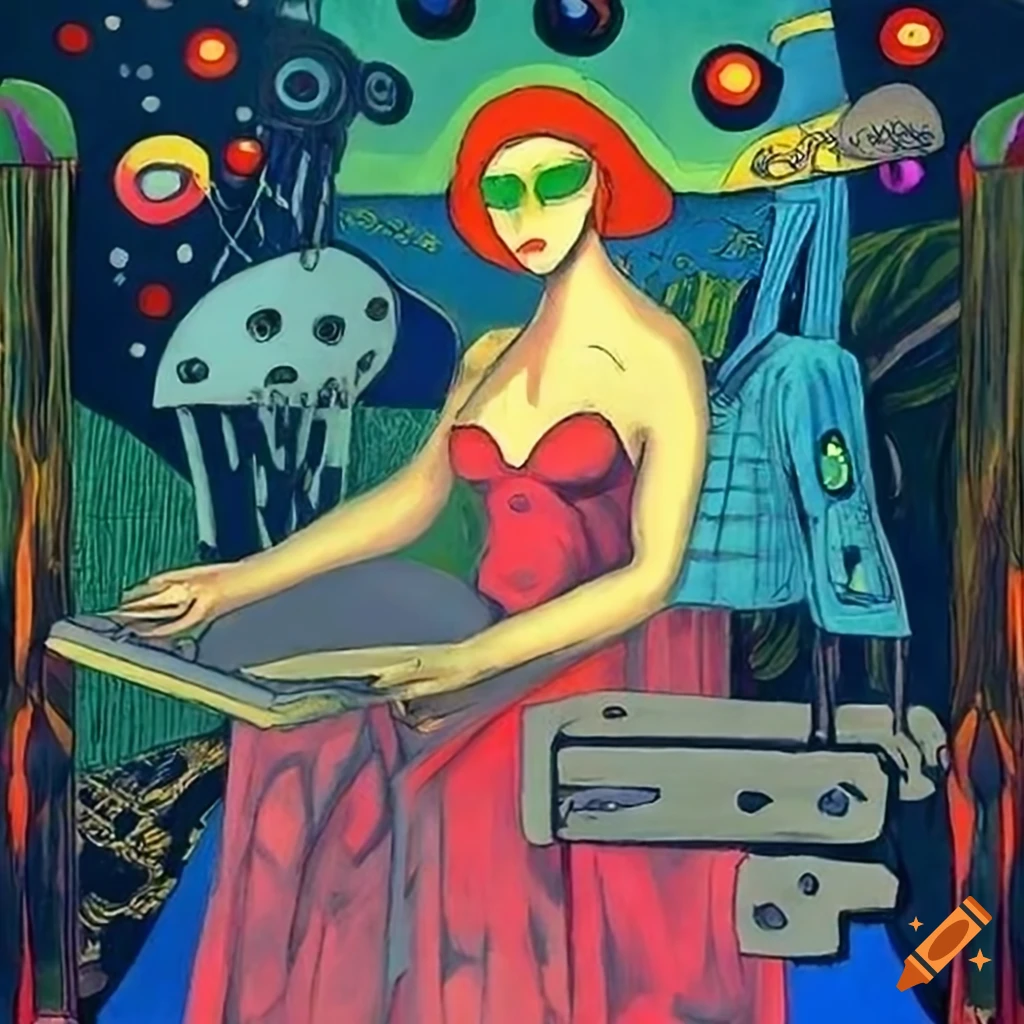 Tarot card depicting a beautiful witch in Anime and African mask style with robots, aliens, and bizarre landscape