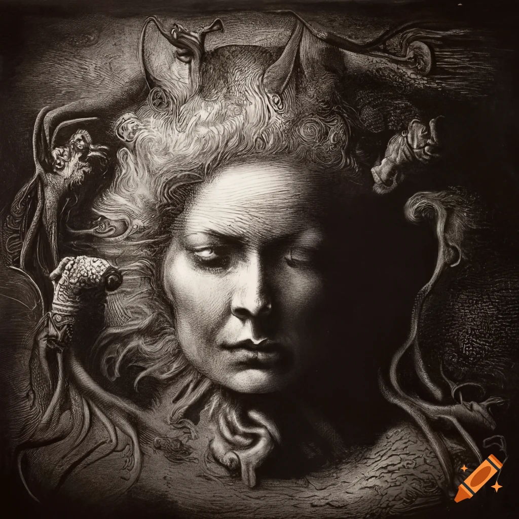 Surreal mezzotint artwork called "Lady in Hell" with a renaissance vibe in black and white