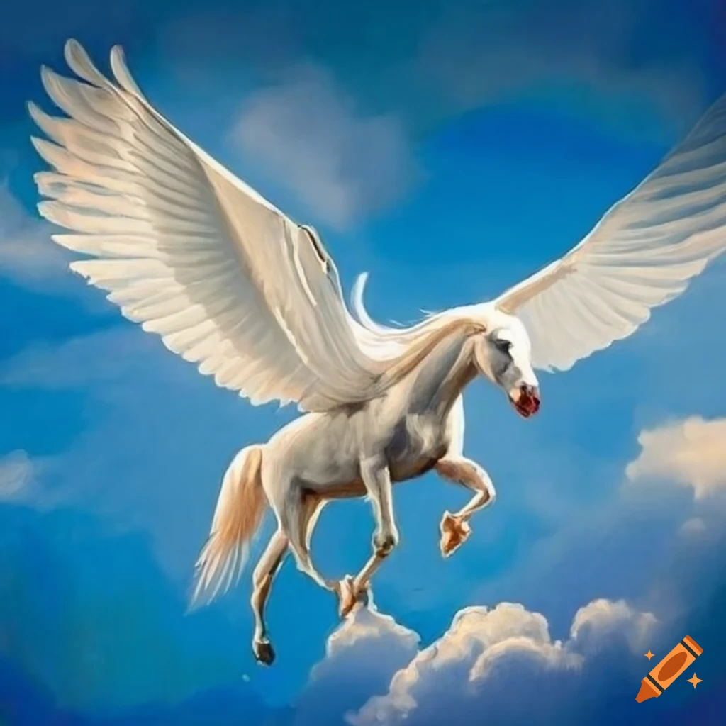 White Pegasus flying in a Rembrandt-style sky with fluffy clouds on Craiyon