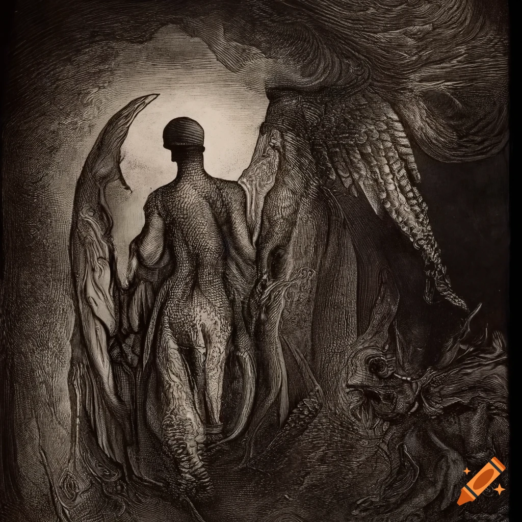 Surreal mezzotint of 'Angel and Devil' in black and white with a renaissance vibe