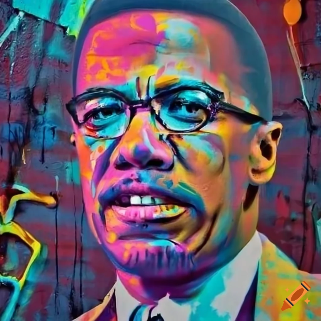 Graffiti spray paint portrait of Malcolm X in vibrant colors