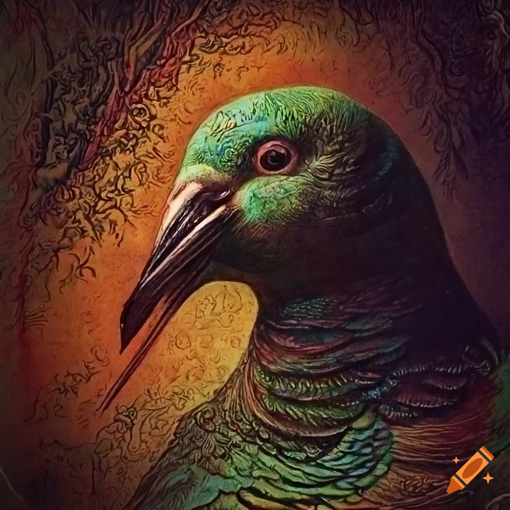 Surreal mezzotint artwork titled 'Chinese Little Bird' with a Renaissance vibe in black and white