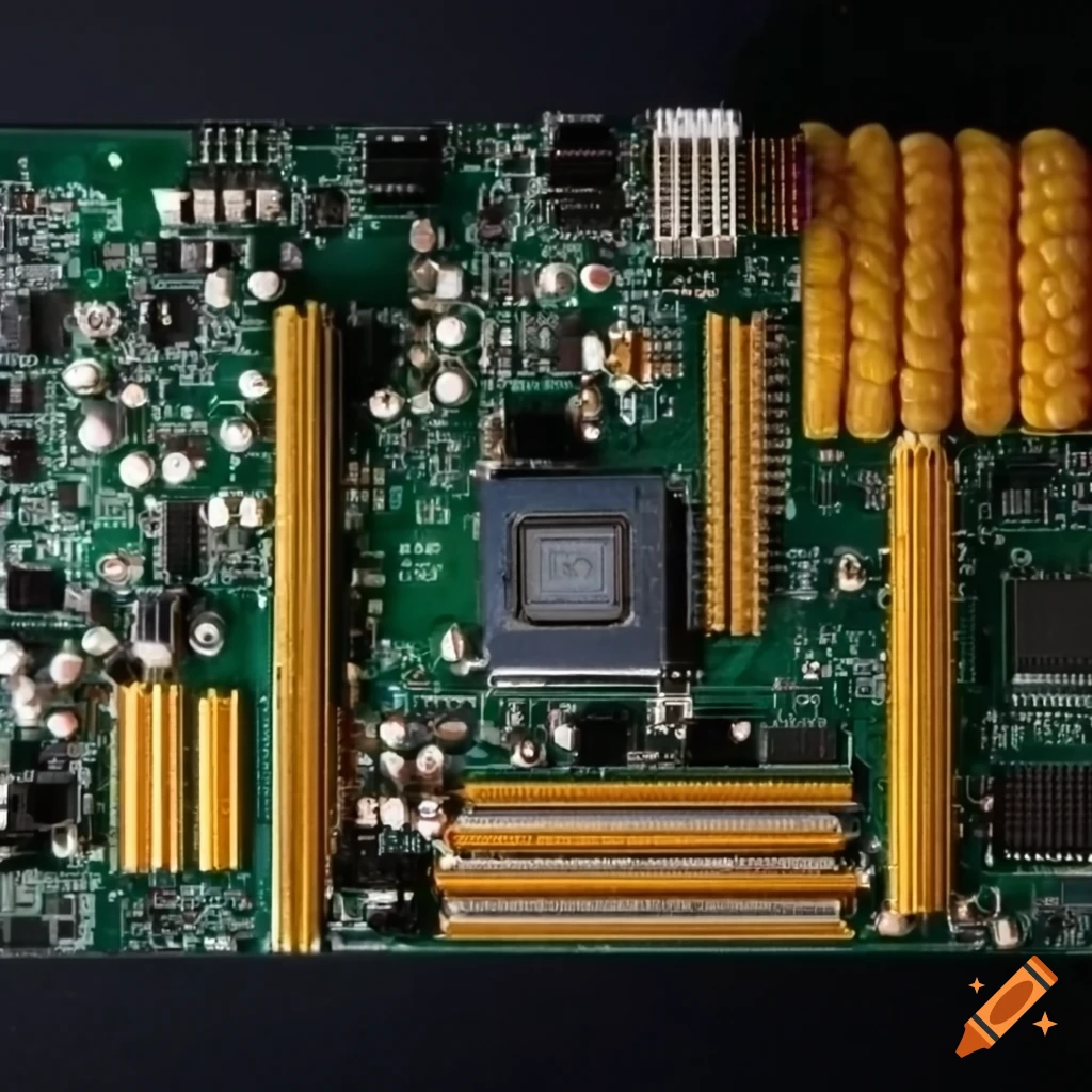 Computer motherboard with corn cobs on top