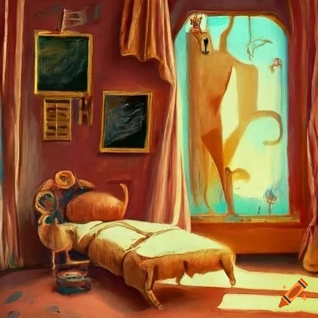 Surrealist oil painting in a room in the morning