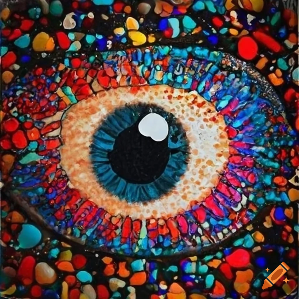 Stained glass mosaic eye in pointillism splatter painting style