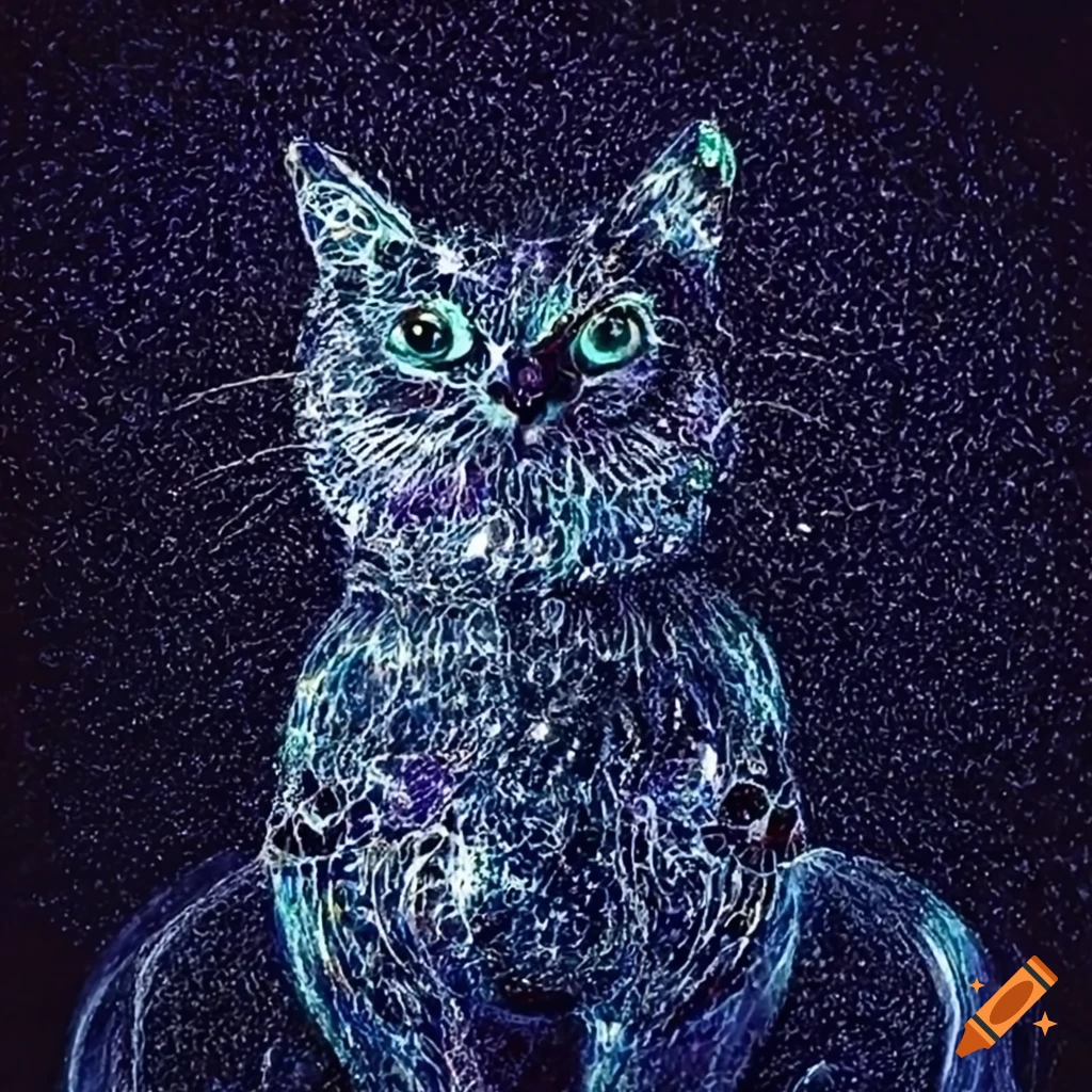 Intricate pointillism chemical glass cat sculptures with electrified highlights