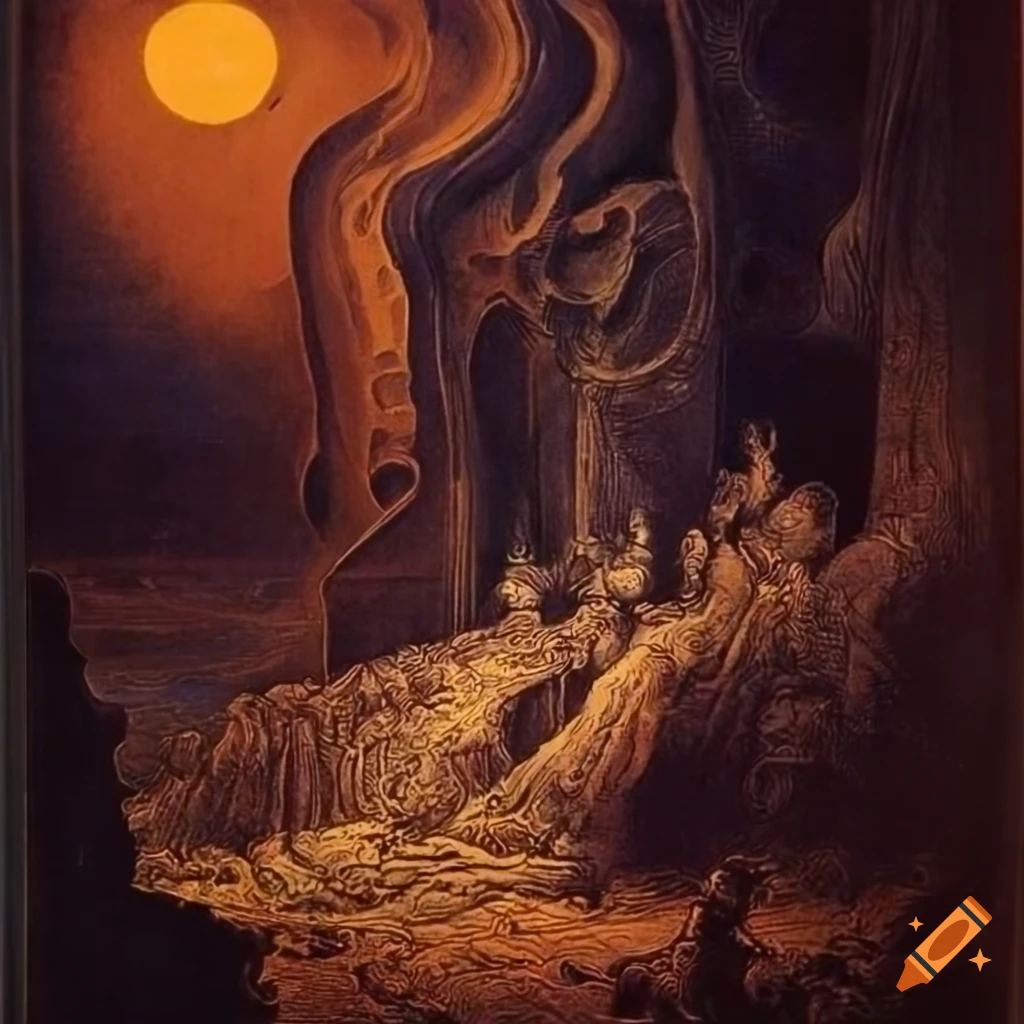 Surreal mezzotint artwork with a 1970s sci-fi fantasy film vibe by Gustave Dore and H.R. Giger in high resolution black and white