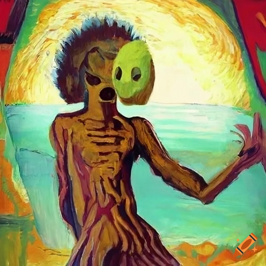 Colorful anime landscape with African mask influences