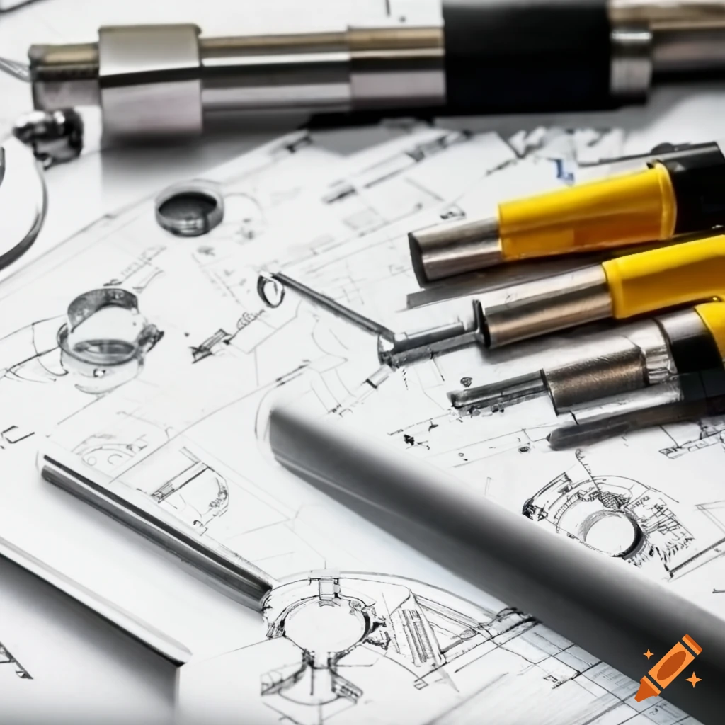 Workshop with precision tools, blueprints, and mechanical equipment