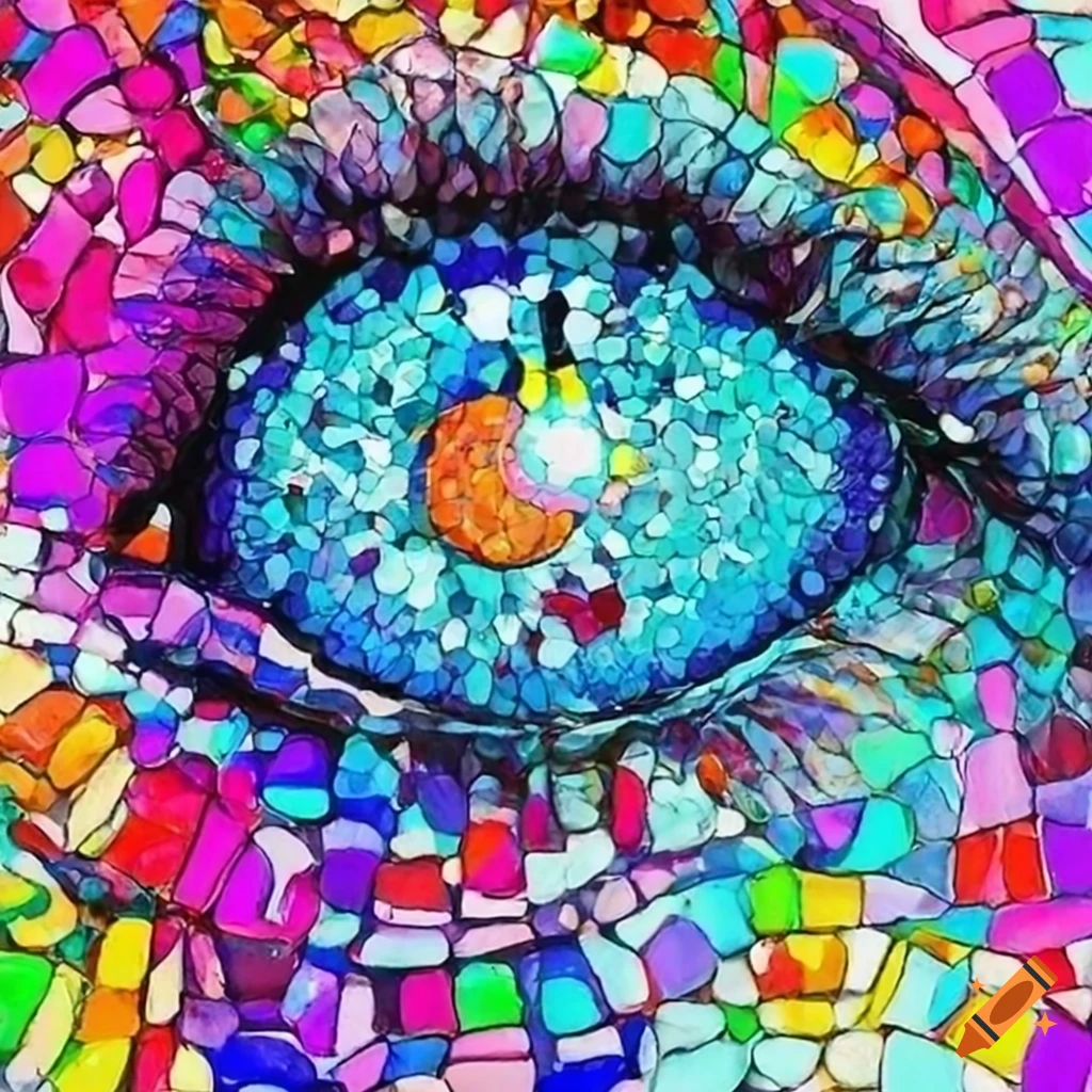 Stained glass mosaic eye painting with pointillism splatter look