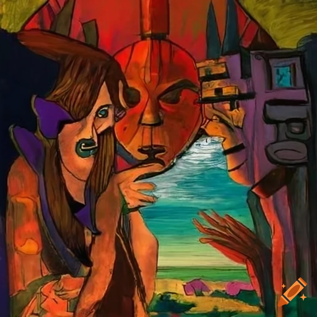 Beautiful witch in Anime and African mask style in colorful bizarre landscape with robots and aliens