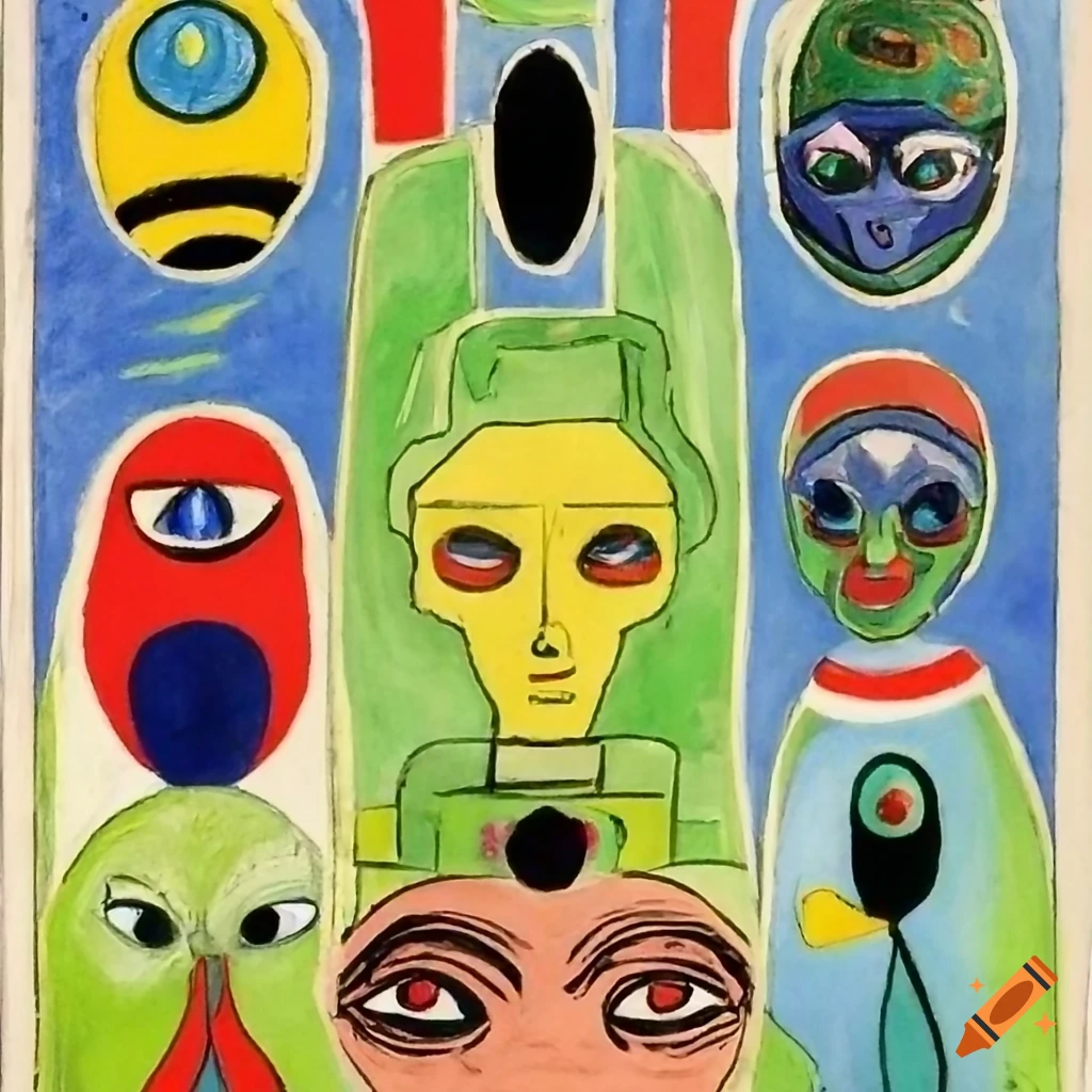Tarot card matryoshka alien with anime eyes and African mask in outsider art style