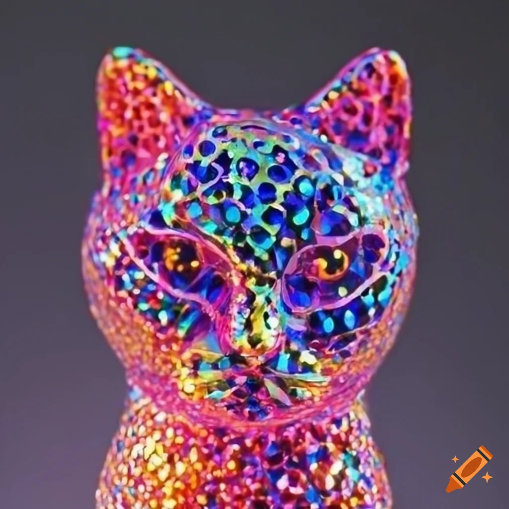 Intricate pointillism mercury glass sculptures of a cat with neon and metallic ink details