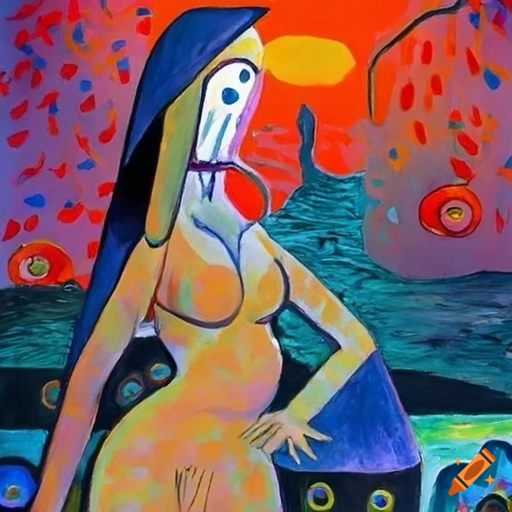Beautiful witch with African mask in colorful bizarre landscape