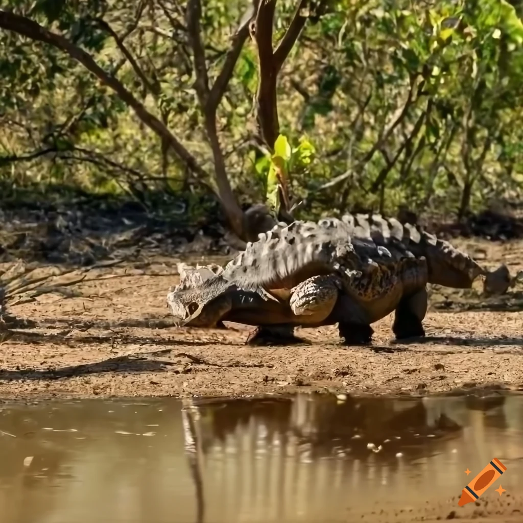 Ankylosaurus drinking in a sunny clearing with fallen branches and bushland background