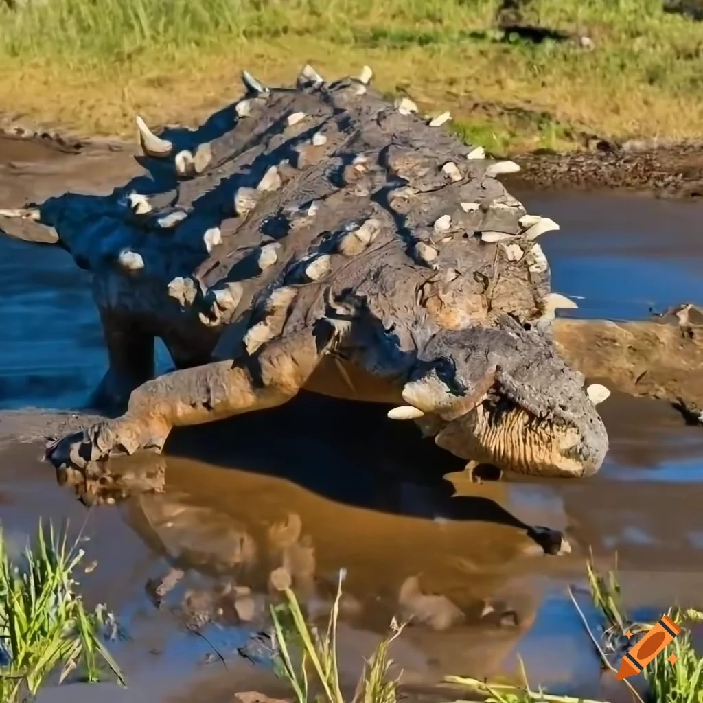 Ankylosaurus drinking in a sunny clearing with fallen branches and bushland background