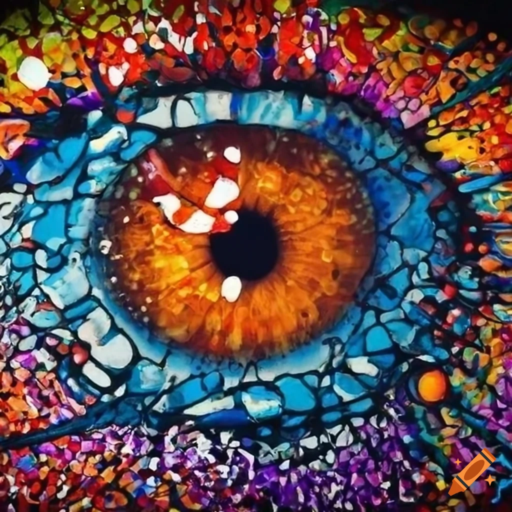Stained glass mosaic pointillism splatter painting of an eye