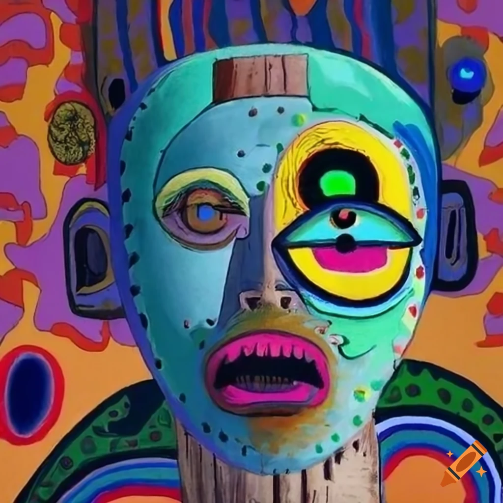 Anime in African mask style bizarre and colorful landscape inspired by various artists