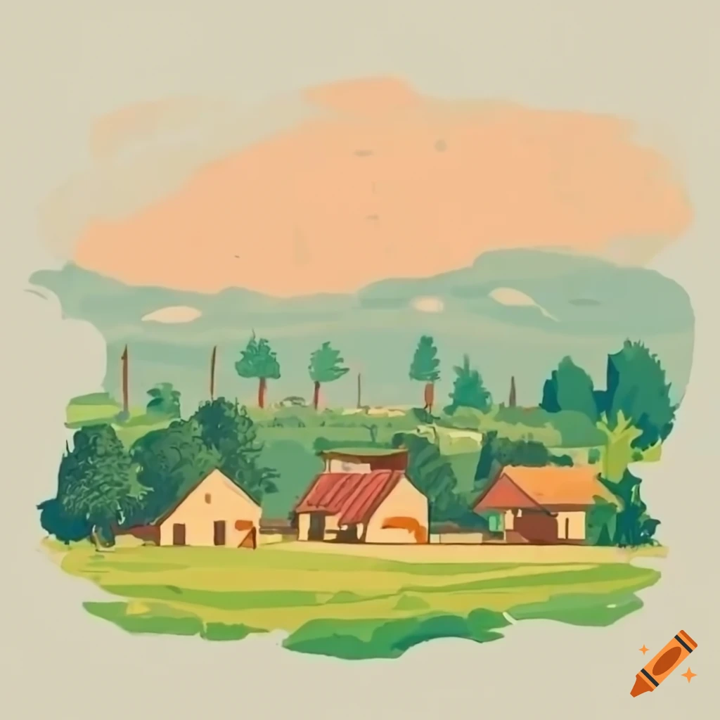 Peaceful village with farmers, children, and animals surrounded by a dense forest
