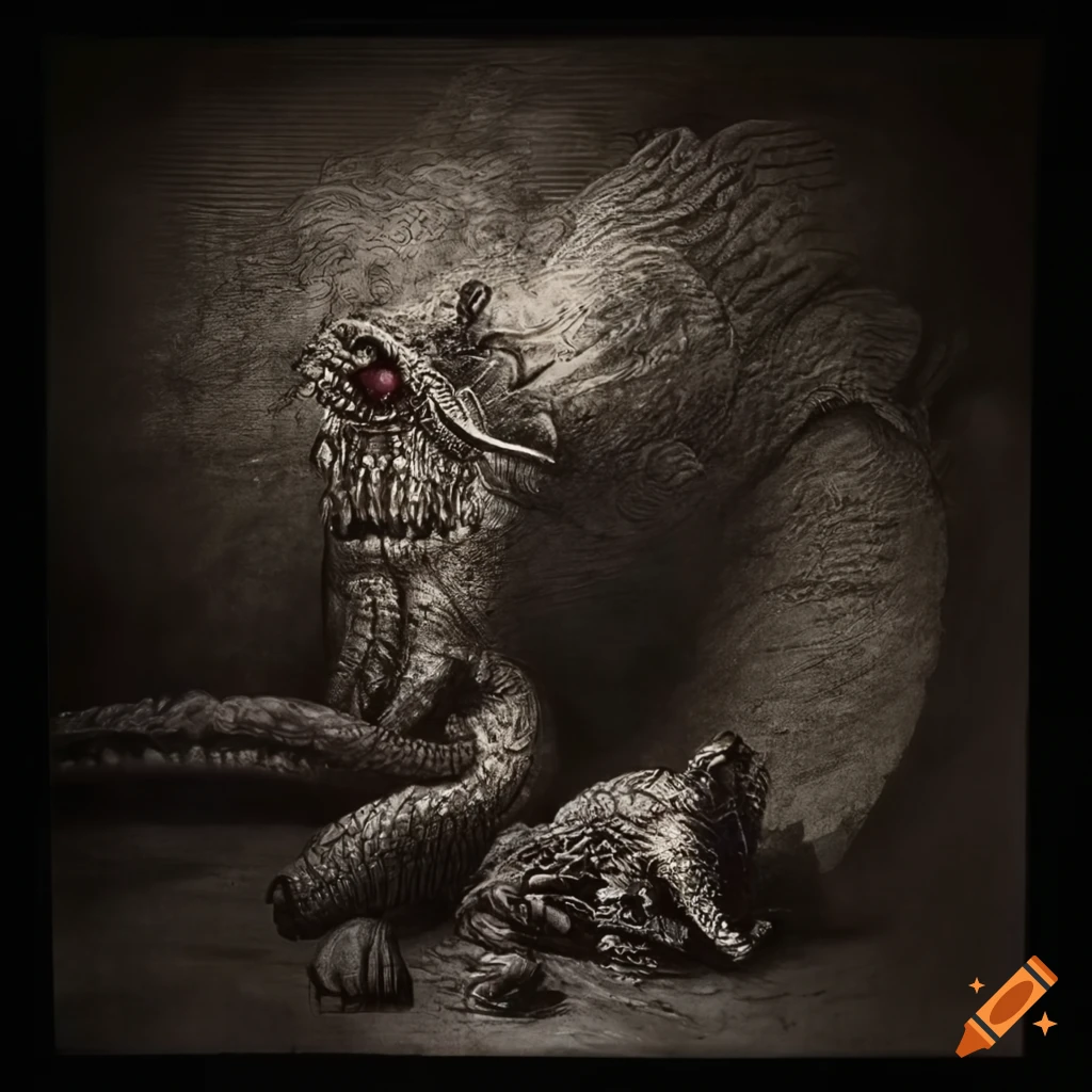 Surreal mezzotint of Kaiju causing havoc in a World War 2 setting by Gustave Dore and H.R. Giger