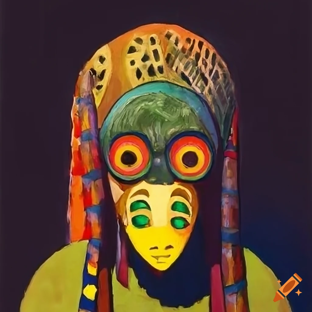 Anime style African mask landscape inspired by a mix of artists