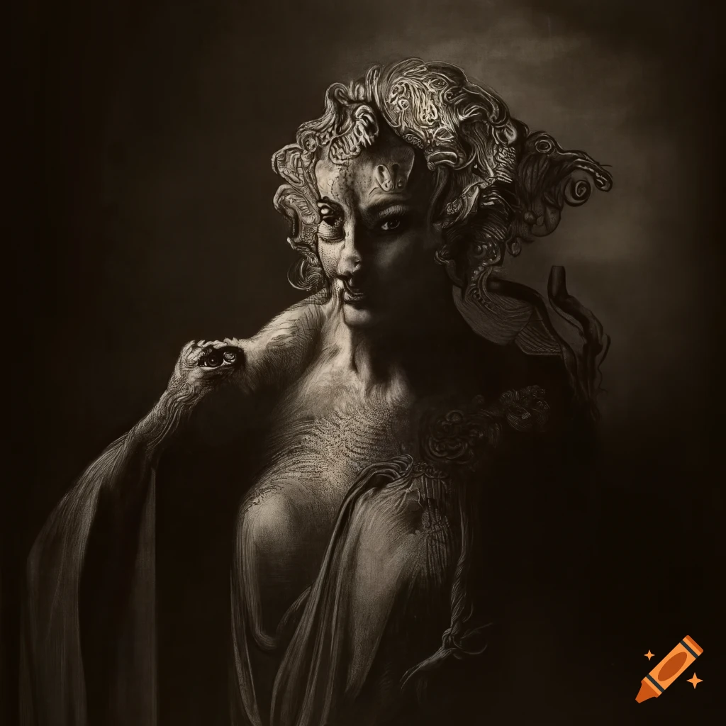Surreal mezzotint artwork with a renaissance vibe in black and white