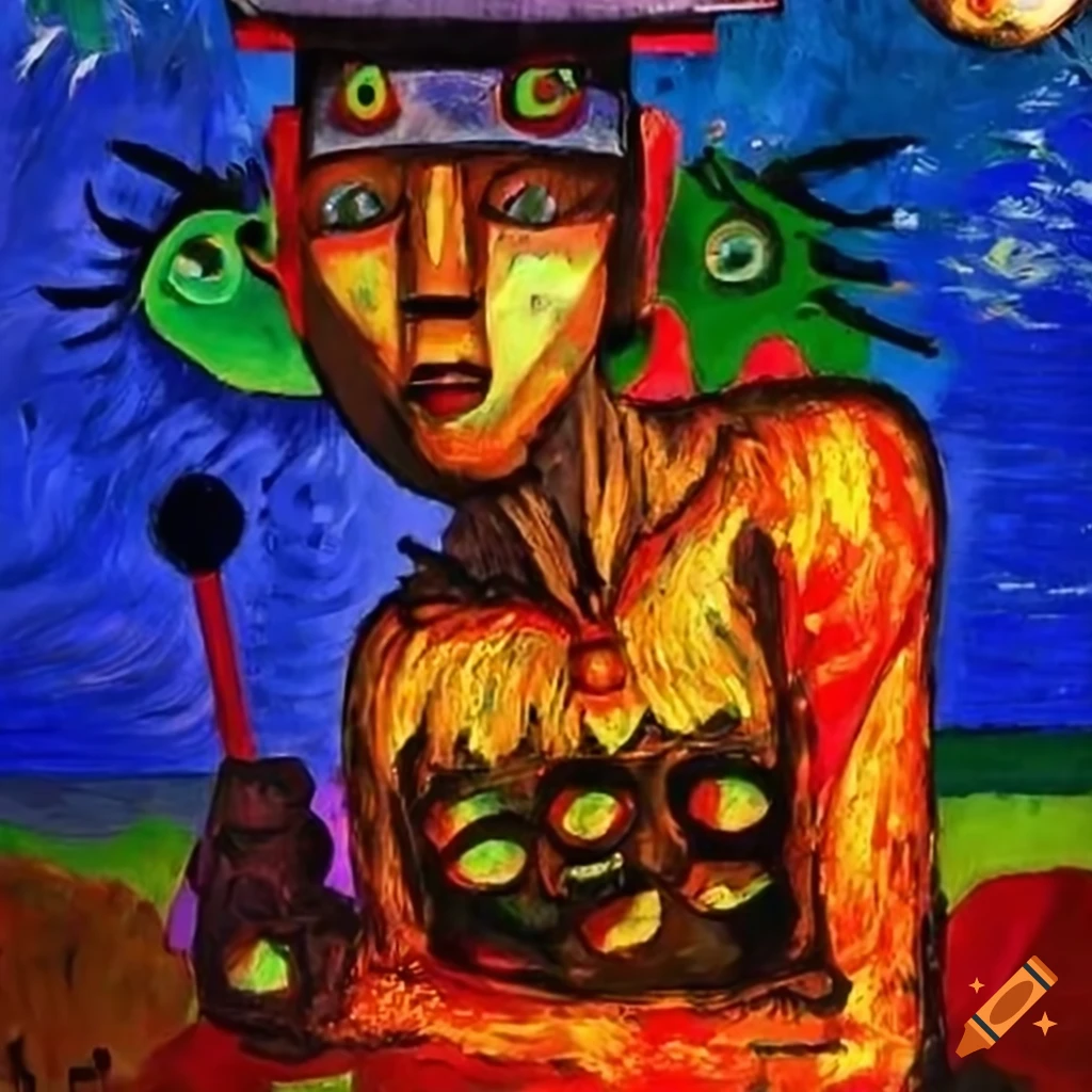 Anime in African mask style colorful bizarre landscape