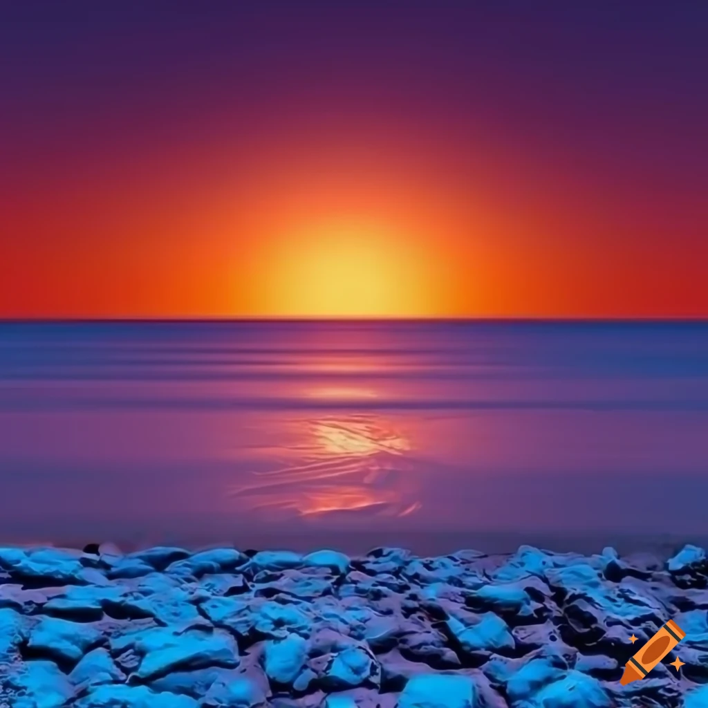 Metallic land with neon blue ocean and warm orange sky